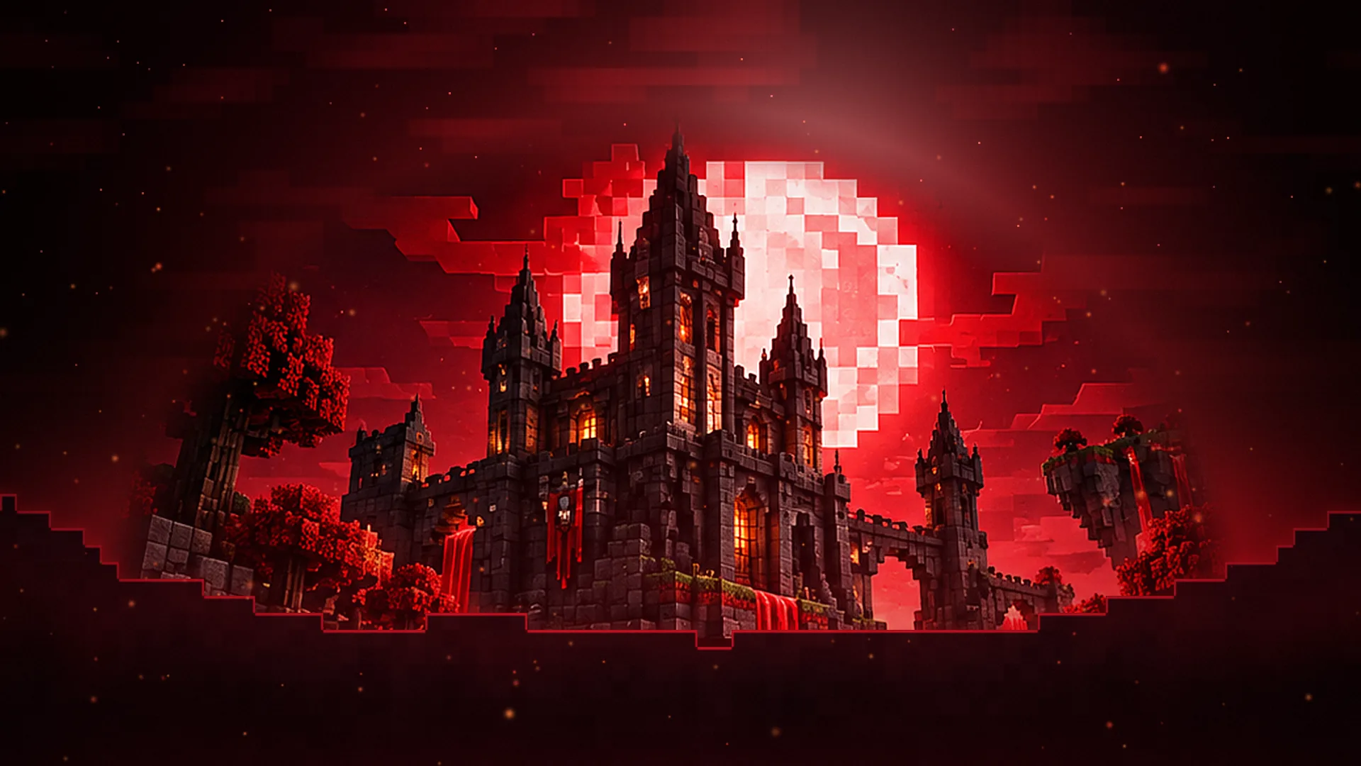 Temný pixelový hrad pod krvavě rudým měsícem